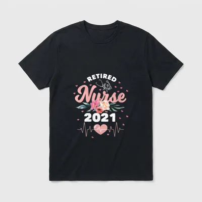 Retirement Lightweight T-Shirt – RETIRED Nurse 2021 lettering with flowers and stethoscope – Classic T-Shirt in Black