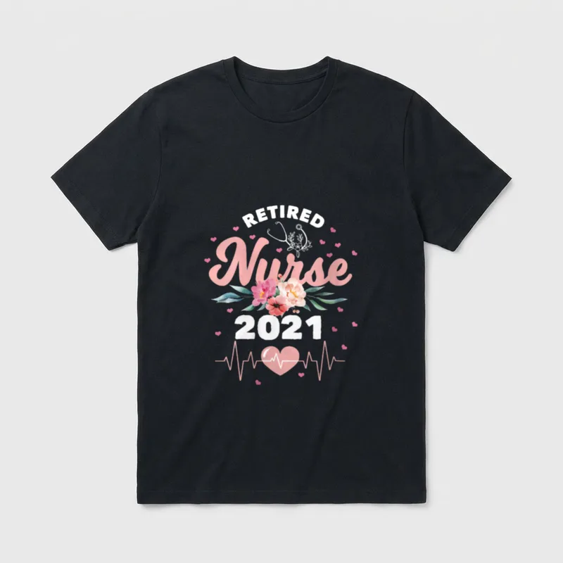 Retirement Lightweight T-Shirt – RETIRED Nurse 2021 lettering with flowers and stethoscope – Classic T-Shirt in Black