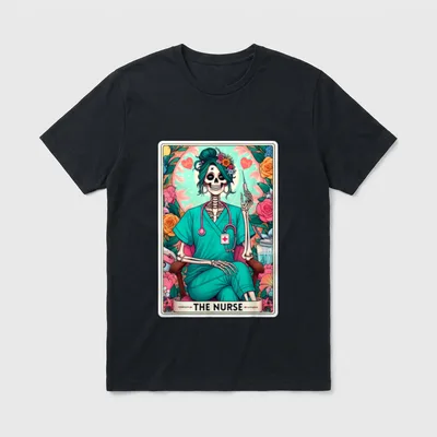 The Nurse Tarot Card T-Shirt – Skeleton nurse holding syringe with banner reading THE NURSE – Classic T-Shirt in Black