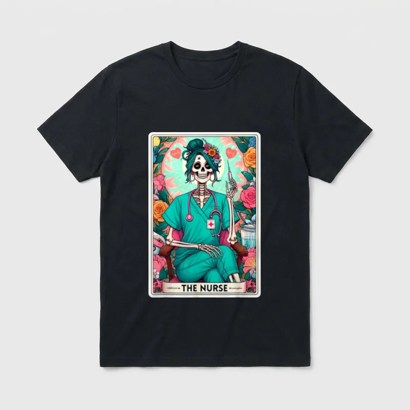 The Nurse Tarot Card T-Shirt – Skeleton nurse holding syringe with banner reading THE NURSE – Classic T-Shirt in Black