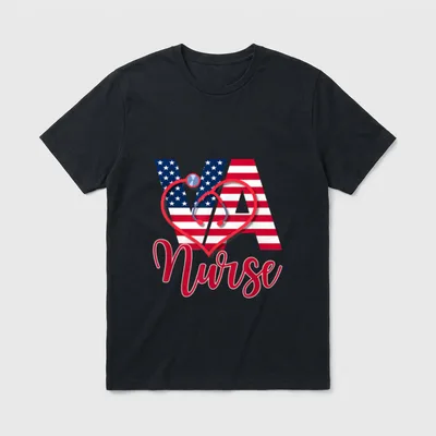 VA Nurse T-Shirt – American flag VA letters, red heart stethoscope, and cursive Nurse – Classic T-Shirt in Black