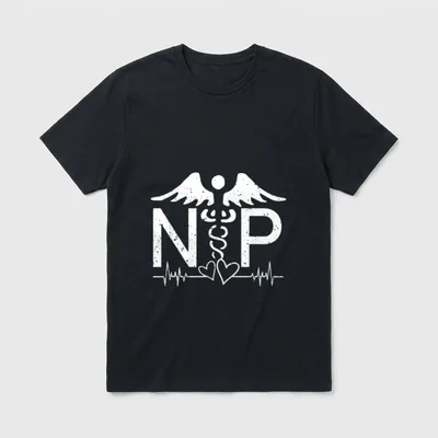 Nurse Practitioner Medical T-Shirt – Distressed NP letters with winged caduceus and heartbeat line – Classic T-Shirt in Black