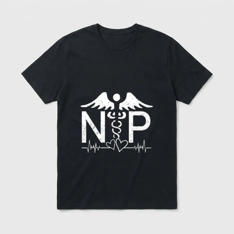 Nurse Practitioner Medical T-Shirt – Distressed NP letters with winged caduceus and heartbeat line – Classic T-Shirt in Black