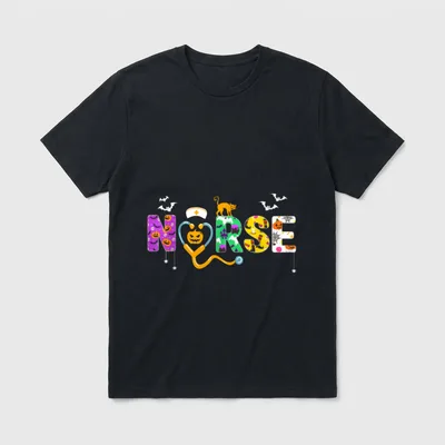 Halloween Nurse Nursing T-Shirt – Lettering spelling NURSE with Halloween patterns and stethoscope – Classic T-Shirt in Black