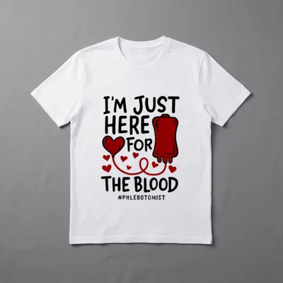 Here for the Blood Nurse Needles T-Shirt – I'm Just Here For The Blood with a blood bag and hearts – Classic T-Shirt in Black