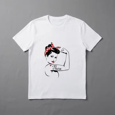 Rosie the Riveter T-Shirt – Nurse tattoo in script on a flexed arm with red polka dot bandana – Classic T-Shirt in Black
