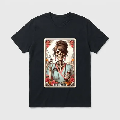 The Nurse Tarot Card Skeleton Vibes T-Shirt – THE NURSE printed on a vintage tarot card banner – Classic T-Shirt in Black