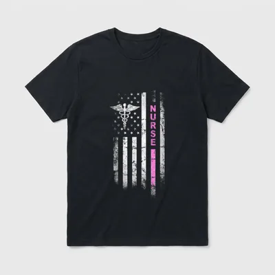 NURSE Squad Vintage Flag T-Shirt – Caduceus emblem and pink NURSE lettering on a distressed flag – Classic T-Shirt in Black