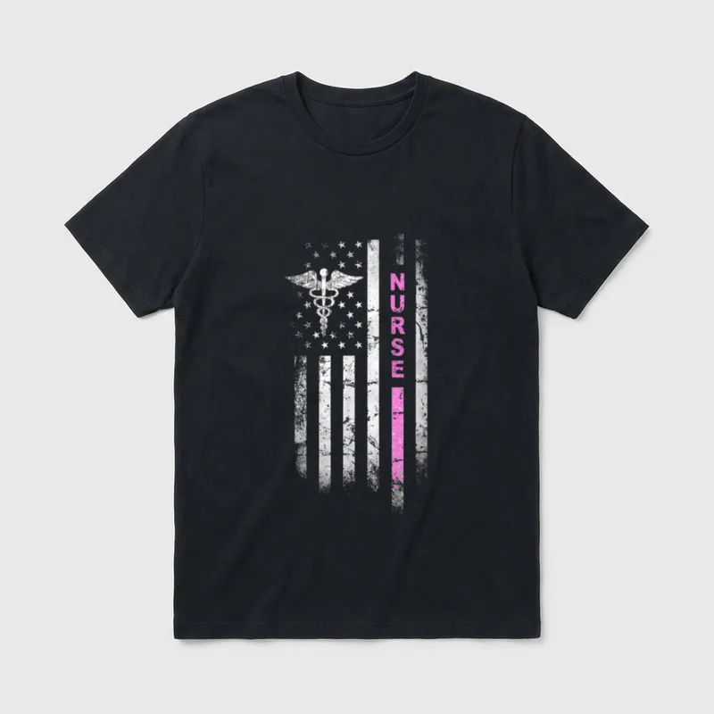 NURSE Squad Vintage Flag T-Shirt – Caduceus emblem and pink NURSE lettering on a distressed flag – Classic T-Shirt in Black