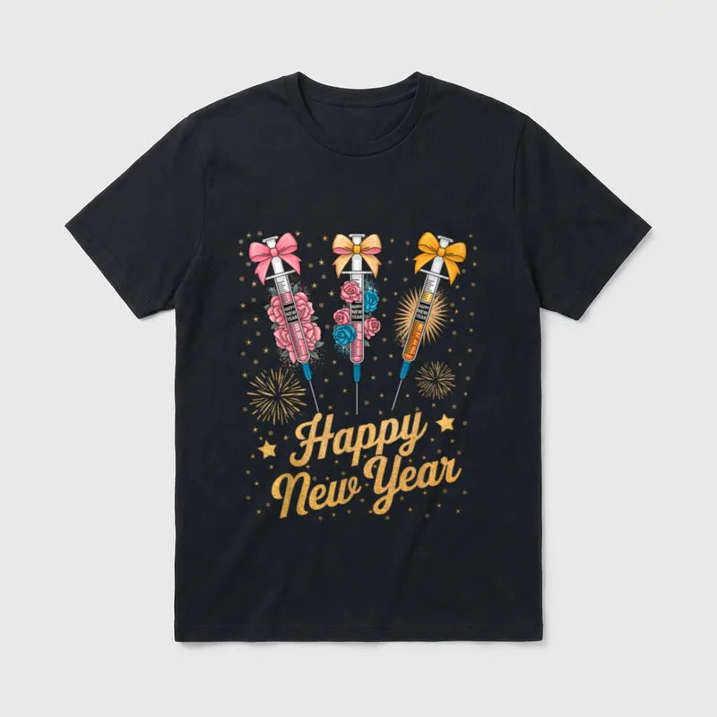 Nurse New Years T-Shirt – Syringes with ribbon bows, roses, and Happy New Year lettering – Classic T-Shirt in Black