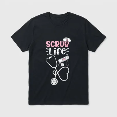 Scrub Life Nurse T-Shirt – SCRUB Life lettering with stethoscope heart, nurse cap, and bandage – Classic T-Shirt in Black
