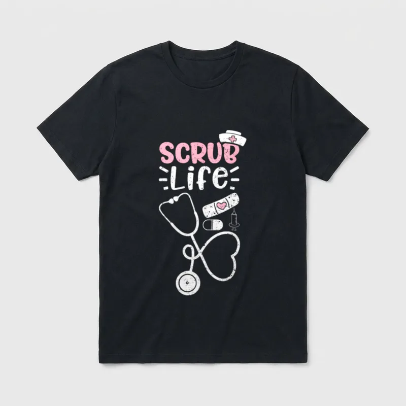 Scrub Life Nurse T-Shirt – SCRUB Life lettering with stethoscope heart, nurse cap, and bandage – Classic T-Shirt in Black