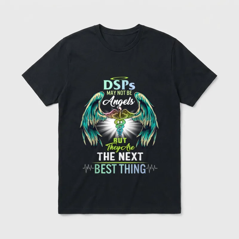 DSP Nurse T-Shirt – Winged caduceus with halo and heartbeat line lettering – Classic T-Shirt in Black