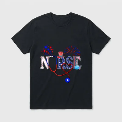 4th of July Nursing T-Shirt – Patriotic nurse lettering with stethoscope, fireworks, and face mask – Classic T-Shirt in Black