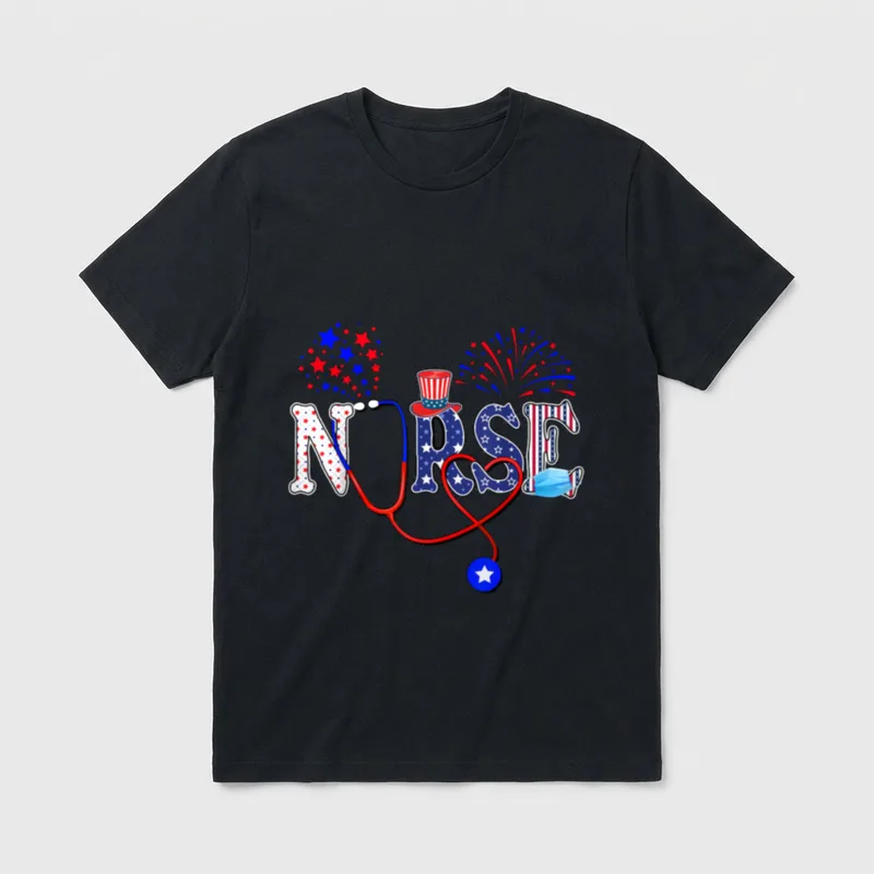 4th of July Nursing T-Shirt – Patriotic nurse lettering with stethoscope, fireworks, and face mask – Classic T-Shirt in Black