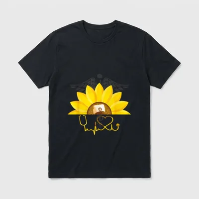 Sunflower Nurses Heartbeat Nursing RN Day T-Shirt – Classic T-Shirt in Black
