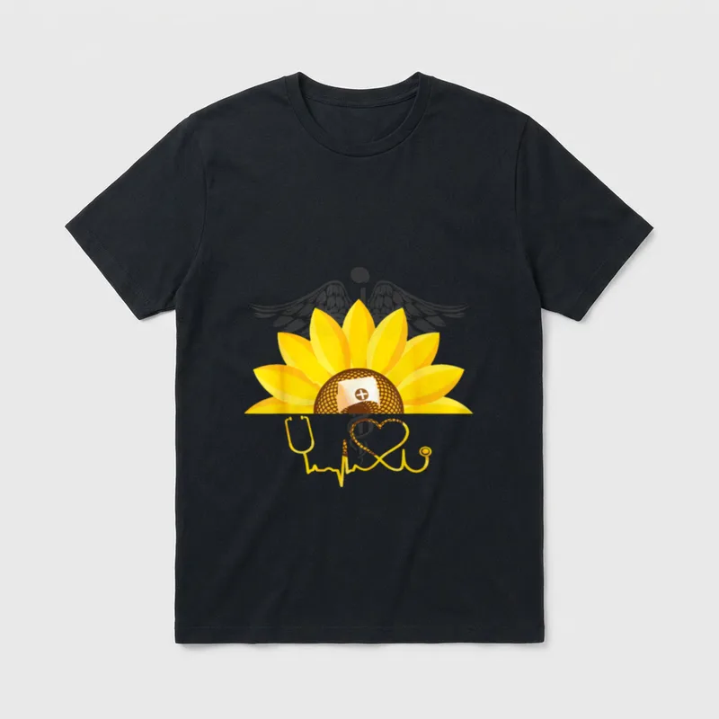 Sunflower Nurses Heartbeat Nursing RN Day T-Shirt – Classic T-Shirt in Black