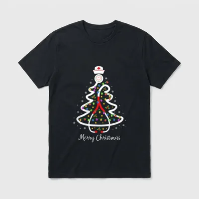 Nurse Christmas Tree Stethoscope T-Shirt – Merry Christmas text below a stethoscope holiday tree – Classic T-Shirt in Black