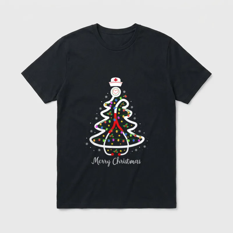 Nurse Christmas Tree Stethoscope T-Shirt – Merry Christmas text below a stethoscope holiday tree – Classic T-Shirt in Black