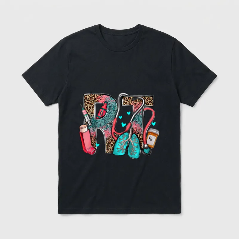 Western Nursing T-Shirt – RT lettering with lungs, stethoscope, inhaler, and western print – Classic T-Shirt in Black
