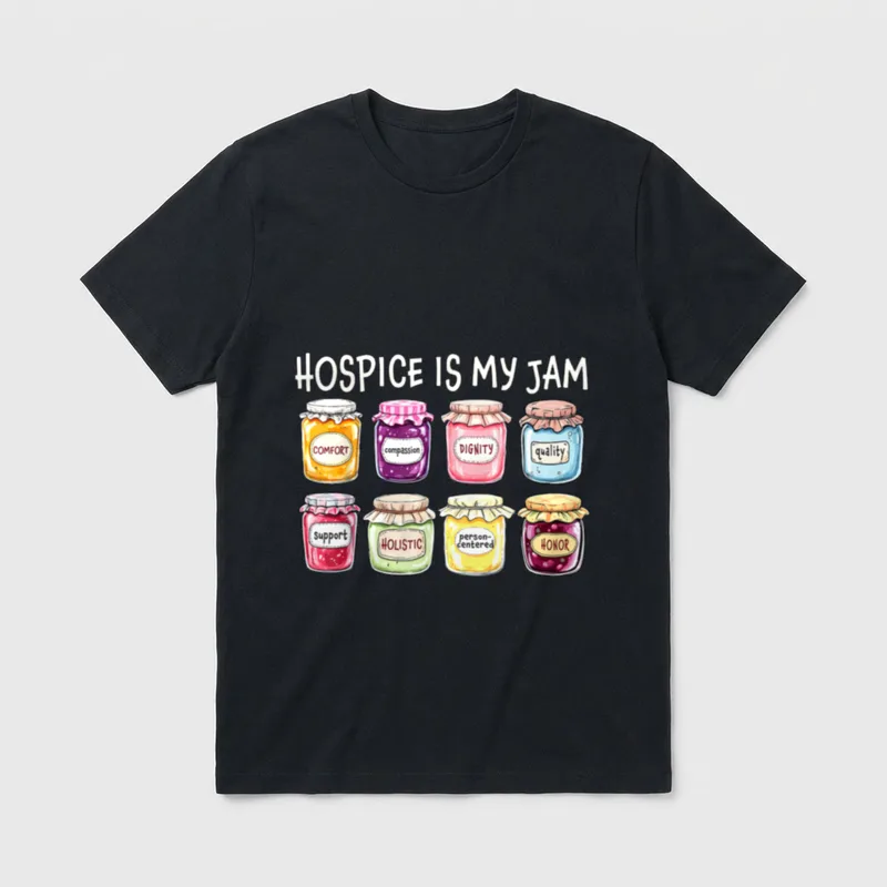 Hospice Is My Jam Nurses Social T-Shirt – HOSPICE IS MY JAM graphic with labeled preserve jars – Classic T-Shirt in Black