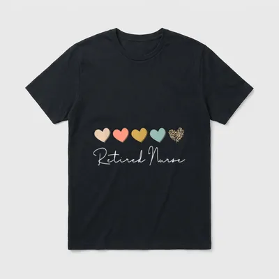 Retired Nurse Retirement T-Shirt – Five hearts above cursive Retired Nurse lettering – Classic T-Shirt in Black