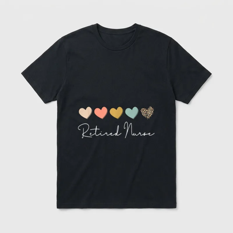 Retired Nurse Retirement T-Shirt – Five hearts above cursive Retired Nurse lettering – Classic T-Shirt in Black