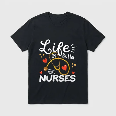 Nurse Lightweight T-Shirt – Yellow stethoscope with red hearts and nurse lettering – Classic T-Shirt in Black