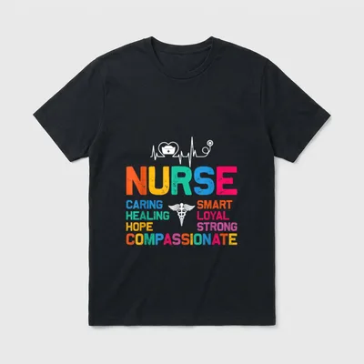 Funny Nurse Surprise T-Shirt – Nurse graphic with heartbeat line, caduceus, and caring words – Classic T-Shirt in Black