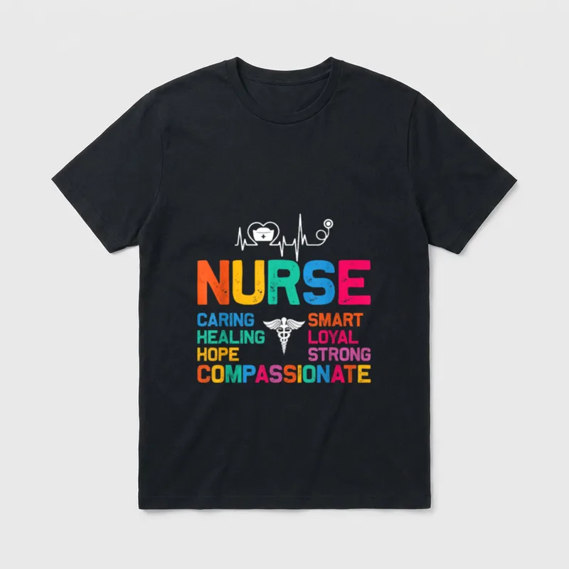 Funny Nurse Surprise T-Shirt – Nurse graphic with heartbeat line, caduceus, and caring words – Classic T-Shirt in Black