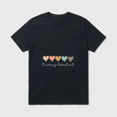 Nursing Assistant T-Shirt – Five hearts with leopard pattern and handwritten Nursing Assistant – Classic T-Shirt in Black