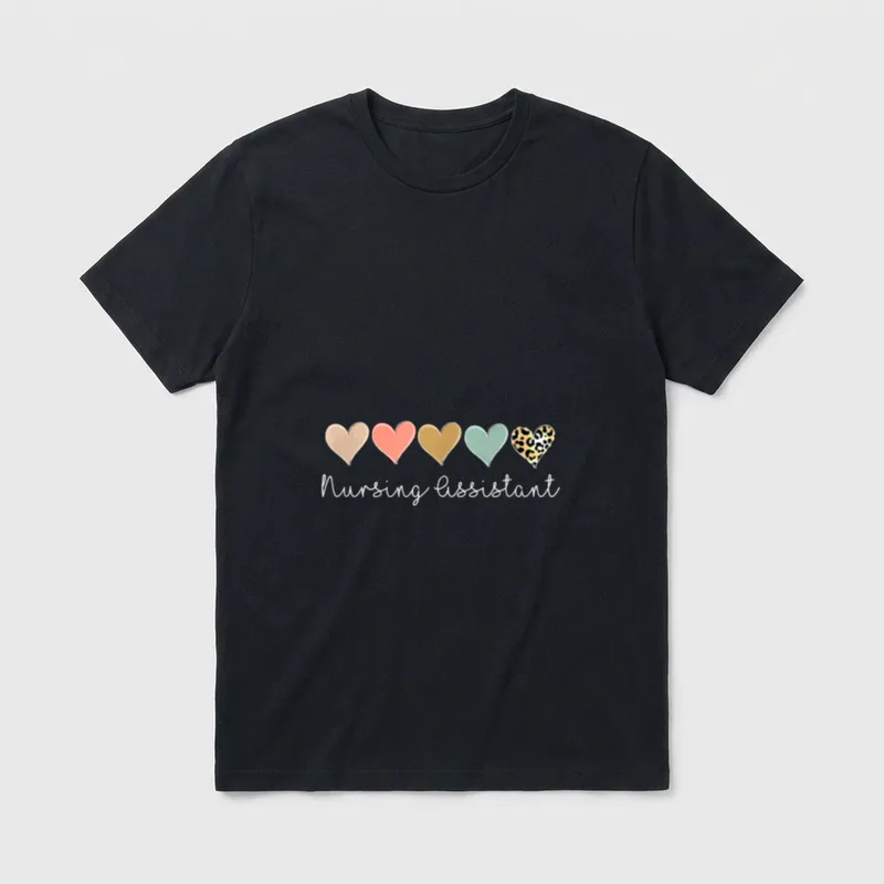 Nursing Assistant T-Shirt – Five hearts with leopard pattern and handwritten Nursing Assistant – Classic T-Shirt in Black