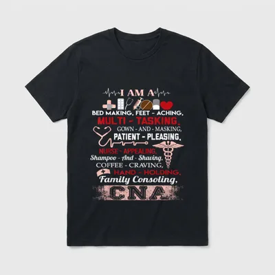 I Am a CNA Nurse Being T-Shirt – Rhyming nursing assistant checklist with medical icons – Classic T-Shirt in Black