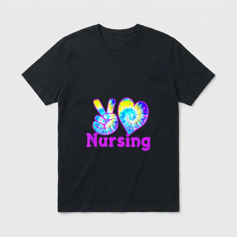 Peace Love Nursing Tie Dye T-Shirt – Tie dye peace sign, heart, and printed text Nursing – Classic T-Shirt in Black