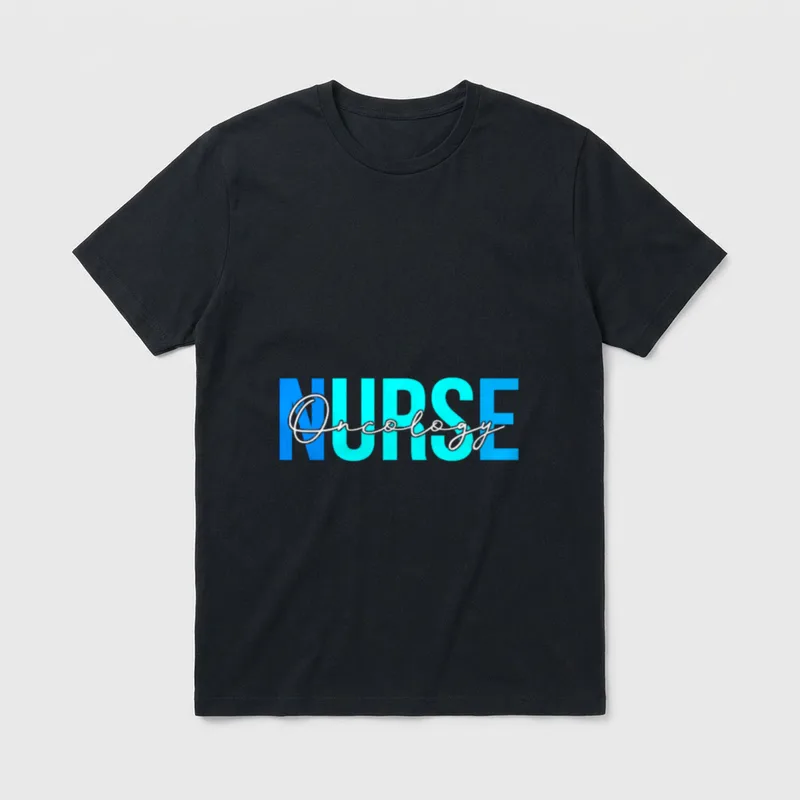 Oncology Nurse Lightweight T-Shirt – White cursive Oncology script over blue NURSE letters – Classic T-Shirt in Black