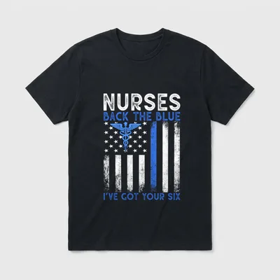 Nurse Show Support T-Shirt – Caduceus over distressed flag with nurses back the blue lettering – Classic T-Shirt in Black