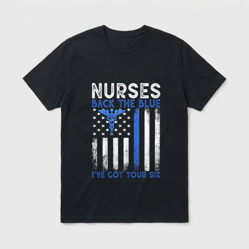 Nurse Show Support T-Shirt – Caduceus over distressed flag with nurses back the blue lettering – Classic T-Shirt in Black