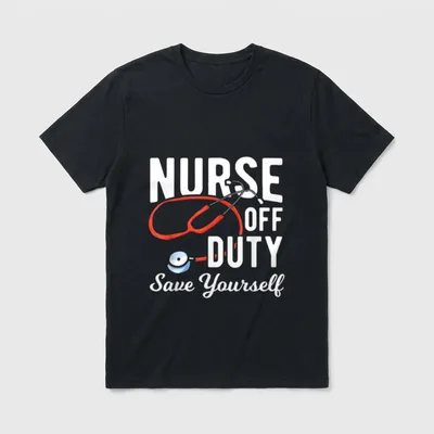 Nursing Retirement T-Shirt – “NURSE OFF DUTY Save Yourself” with red stethoscope – Classic T-Shirt in Black