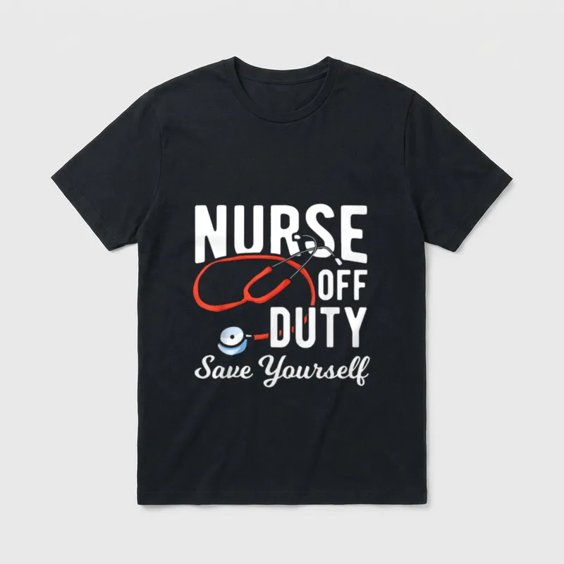 Nursing Retirement T-Shirt – “NURSE OFF DUTY Save Yourself” with red stethoscope – Classic T-Shirt in Black