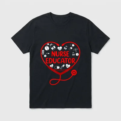 Nurse Teacher T-Shirt – Red heart stethoscope around Nurse Educator with medical symbols – Classic T-Shirt in Black