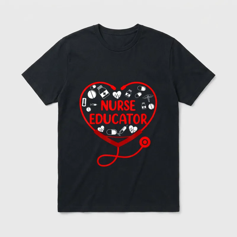 Nurse Teacher T-Shirt – Red heart stethoscope around Nurse Educator with medical symbols – Classic T-Shirt in Black