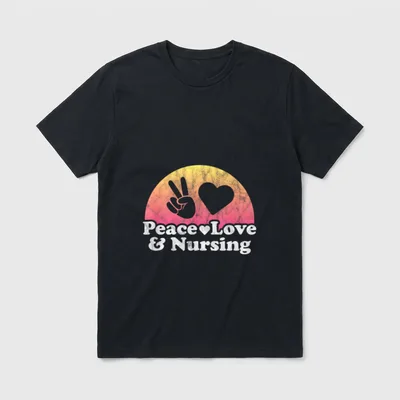 Peace Love and Nursing Nurse T-Shirt – Peace Love & Nursing text with peace sign and heart – Classic T-Shirt in Black