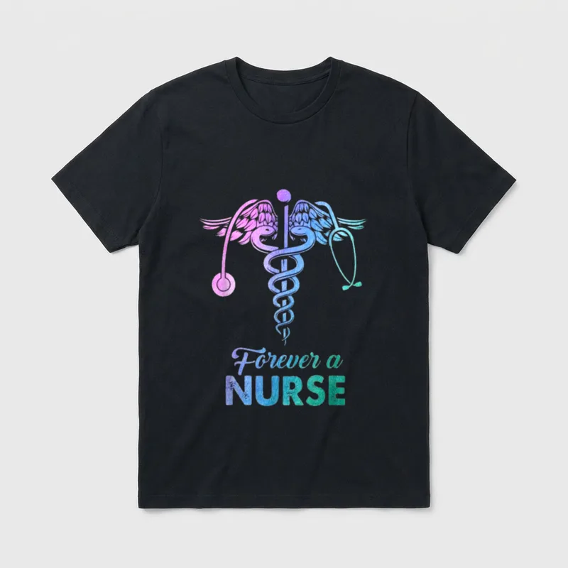 Nurse Nursing Vintage T-Shirt – Forever a NURSE lettering with caduceus and stethoscope – Classic T-Shirt in Black