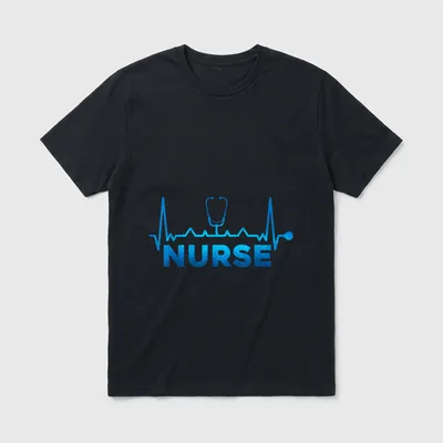 ECG Heartbeat Nurse T-Shirt – Blue stethoscope pulse line over the word NURSE – Classic T-Shirt in Black