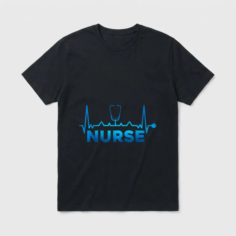 ECG Heartbeat Nurse T-Shirt – Blue stethoscope pulse line over the word NURSE – Classic T-Shirt in Black