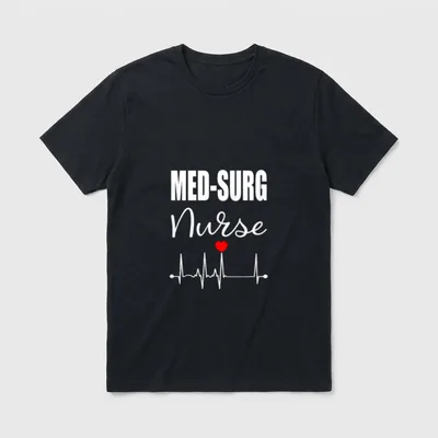 Med Surg Nurse Surgical T-Shirt – Printed MED-SURG Nurse text with an EKG line and red heart – Classic T-Shirt in Black