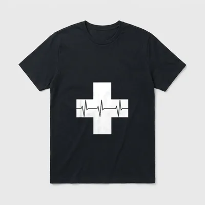 Nurse Heartbeat Products T-Shirt – White medical cross with a grey heartbeat pulse line – Classic T-Shirt in Black