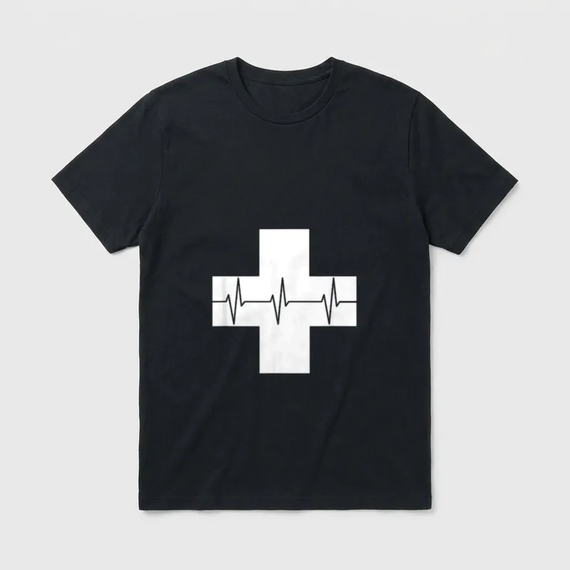 Nurse Heartbeat Products T-Shirt – White medical cross with a grey heartbeat pulse line – Classic T-Shirt in Black