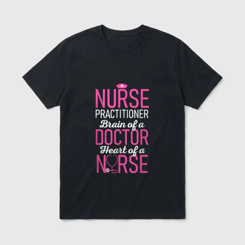 Nurse Practitioner Heart T-Shirt – Brain of a Doctor Heart of a Nurse text with stethoscope heart – Classic T-Shirt in Black