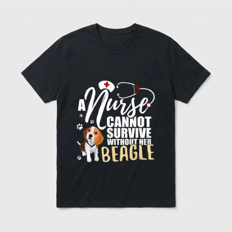 Nurse Dog Mom Beagle Nursing T-Shirt – Beagle puppy with stethoscope, nurse cap, and paw prints – Classic T-Shirt in Black